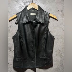 VINTAGE ANN TAYLOR LOFT BLACK LEATHER VEST BOTTOM DOWN SZ M